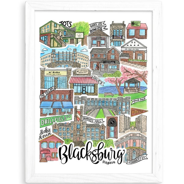 Blacksburg Art Print | Virginia Tech VA Watercolor Gift VT Hokies Orange and Maroon Christiansburg Montgomery County College VCU uva jmu