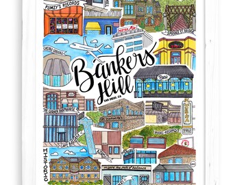 Bankers Hill Art Print | San Diego Watercolor Drawing California Wall Decor OB North Park Hillcrest Barrio Logan Balboa Park Mission Hills
