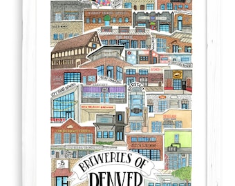 Breweries of Denver, CO Art Print |  Watercolor Drawing California Wall Decor Brewing Craft Beer Colorado Boulder Aurora Drink