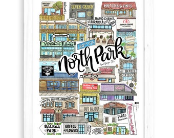 North Park Art Print |  San Diego Watercolor Drawing California Wall Decor Coronado Little Italy Pacific Beach La Jolla Hillcrest Balboa SDU