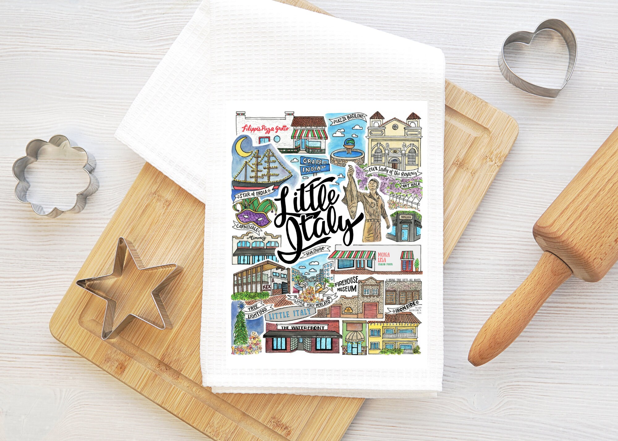 Tea Towel Little Italy |  San Diego Watercolor Drawing California I Coronado La Jolla Downtown Petco park star of india kettner usc