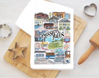 Asciugamano da cucina Mission Hills / Disegno ad acquerello di San Diego Decorazione da parete California OB North Park Hillcrest Barrio Logan Balboa Park Bankers Hill