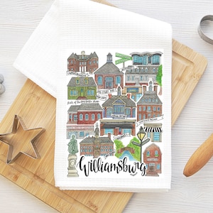 Tea Towel Williamsburg, VA | Watercolor Art Illustration Gift Kitchen William and Mary VA Wren Building Merchants Square Colonial Historic