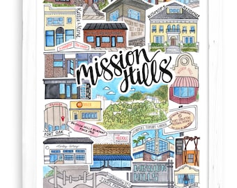 Mission Hills Art Print | San Diego Watercolor Drawing California Wall Decor OB North Park Hillcrest Barrio Logan Balboa Park Bankers Hill