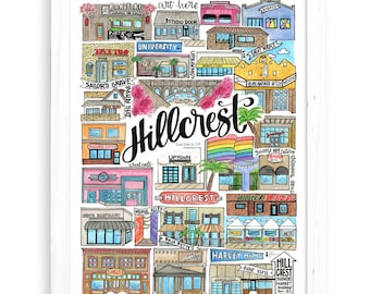 Hillcrest Art Print |  San Diego Watercolor Drawing California Wall Decor Coronado North Park SDSU Pacific Beach La Jolla Hillcrest Balboa