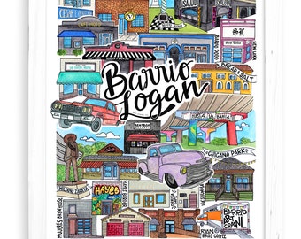 Barrio Logan Art Print | San Diego Watercolor Drawing California Wall Decor Logan Height South Park North Park Hillcrest Golden Hill Balboa