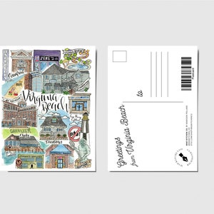 Virginia Beach-briefkaart | Aquarel muurkunst schilderij Norfolk Virginia Oceanfront Hampton Roads Cavalier Boardwalk vuurtoren vakantie ODU