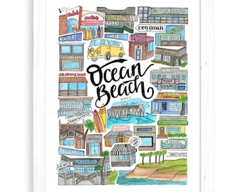 Ocean Beach Print | San Diego Watercolor Drawing California Wall Decor OB Pacific Beach North Park Hillcrest Dog Beach Pier CA Point Loma