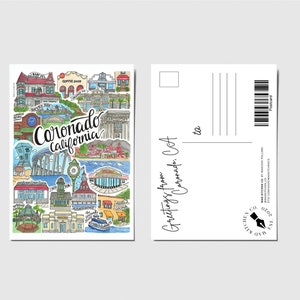 Cartão postal de Coronado, CA | San Diego, Califórnia, presente, desenho em aquarela, decoração de parede, Hotel Del Bridge, Bayview, Ferry Spreckels, Orange Ave, presente
