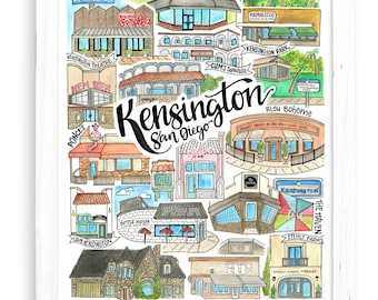 Kensington Art Print | San Diego Watercolor Drawing California Wall Decor North Park Normal Heights Gift Adams Avenue Hillcrest South Park