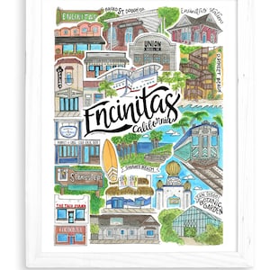 Encinitas Art Print | San Diego California Watercolor Wall Decor Beach North County Leucadia Cardiff Gift Socal swamis temple surf pacific