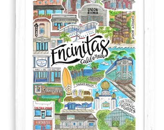 Encinitas Art Print | San Diego California Watercolor Wall Decor Beach North County Leucadia Cardiff Gift Socal swamis temple surf pacific