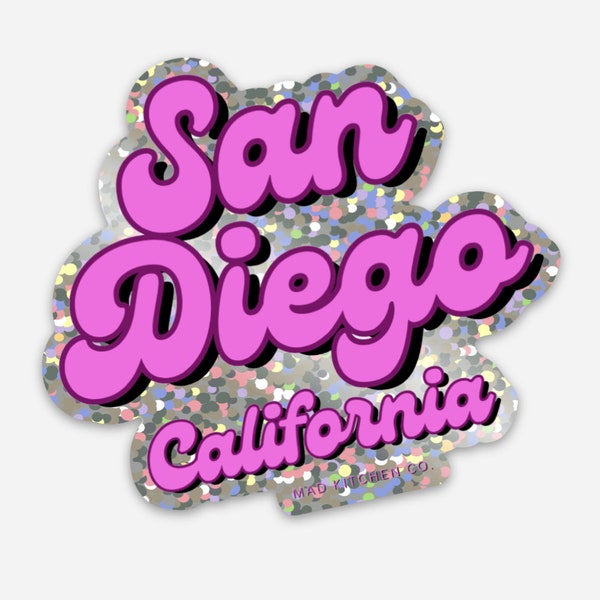 San Diego Glitter Sticker | Pink Vintage Retro Groovy Sparkle Gift Paper Goods Stationery Car Water bottle decal california CA SDSU UCSD