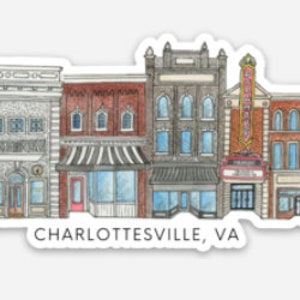 May include: A watercolor illustration of a row of brick buildings with storefronts in a downtown area. The buildings have white trim and awnings. The text "CHARLOTTESVILLE, VA" is at the bottom of the image.