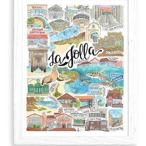 Stampa artistica La Jolla / Disegno ad acquerello di San Diego California Cartolina regalo Muro UCSD Bird Rock CA SoCal Point Loms Coronado Ellen Scripps