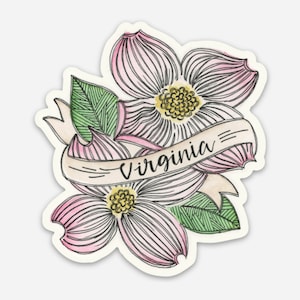 VA Dogwood Sticker | Virginia Watercolor Flower Art Richmond Illustration Gift Vinyl Floral RVA Pink Tattoo Style VCU U of R jmu va tech gmu