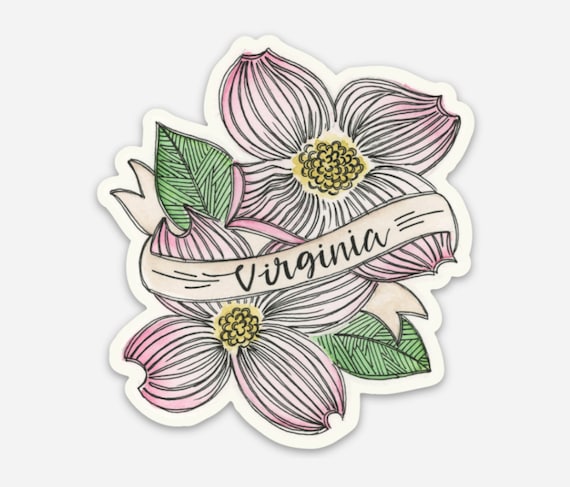 VA Dogwood Sticker Virginia Watercolor Flower Art Richmond Illustration  Gift Vinyl Floral RVA Pink Tattoo Style VCU U of R jmu va tech gmu