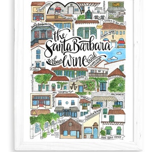 May include: An illustrated map of the Santa Barbara Urban Wine Trail, featuring various wineries and tasting rooms. The map is drawn in a whimsical style with colorful buildings and handwritten text.