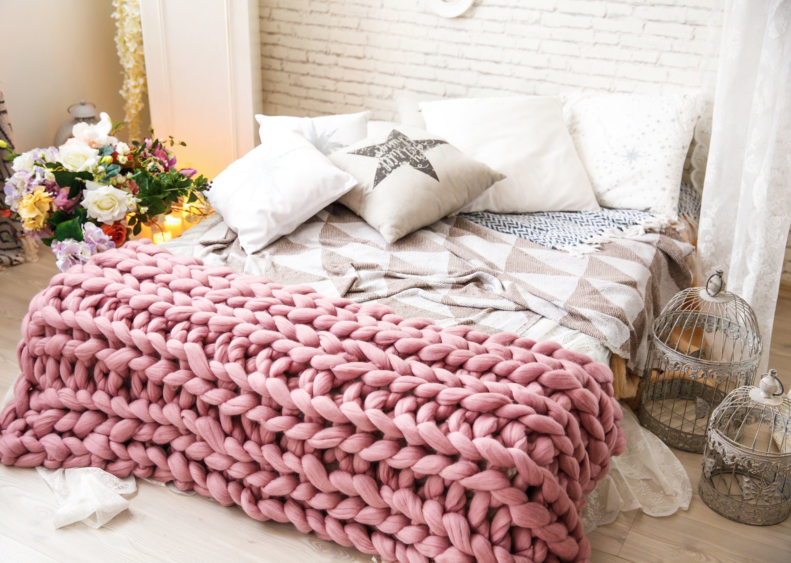 Super chunky pink knit throw blankets Oversized big bed Etsy