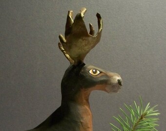 Hand-Made Paper Maché Brown and Bronze Holiday Moose - Gift, Decoration