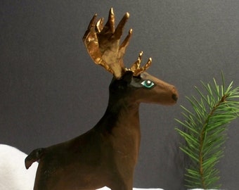 Hand-Made Paper Maché Brown and Copper Holiday Moose - Gift, Decoration