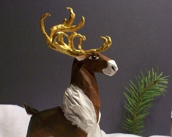 Hand-Made Paper Maché Brown and Gold Holiday Deer - Gift, Decoration