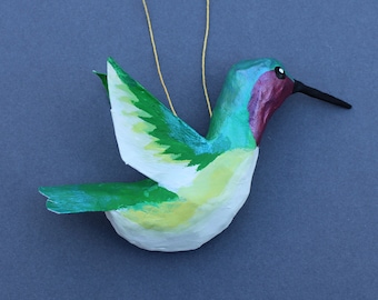 Hand-Made Colorful Paper Maché Hummingbird Ornament