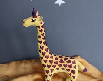Hand-Made Painted Paper Maché Hearts Giraffe - Gift, Decoration