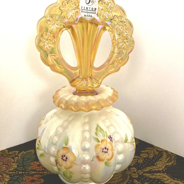 Fleurs irisées peintes à la main en verre Fenton, flacon de parfum et bouchon Nancy Fenton Line, signé par l'artiste
