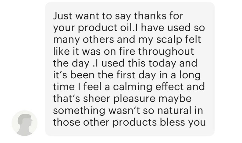 May include: A customer review praising a product oil for its calming effect on the scalp. The review states that the oil is a welcome change from other products that caused scalp irritation.