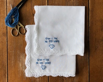 Bespoke hand embroidery on White Lace-trimmed Handkerchief - made to order