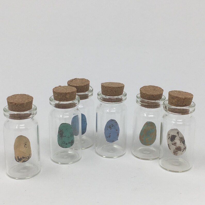 little handmade eggs hanging in small glass bottles