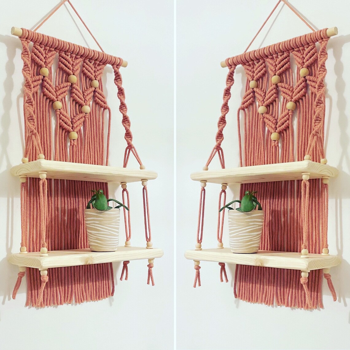 Macrame wall hanging shelf double slim 30x60x10cm Etsy