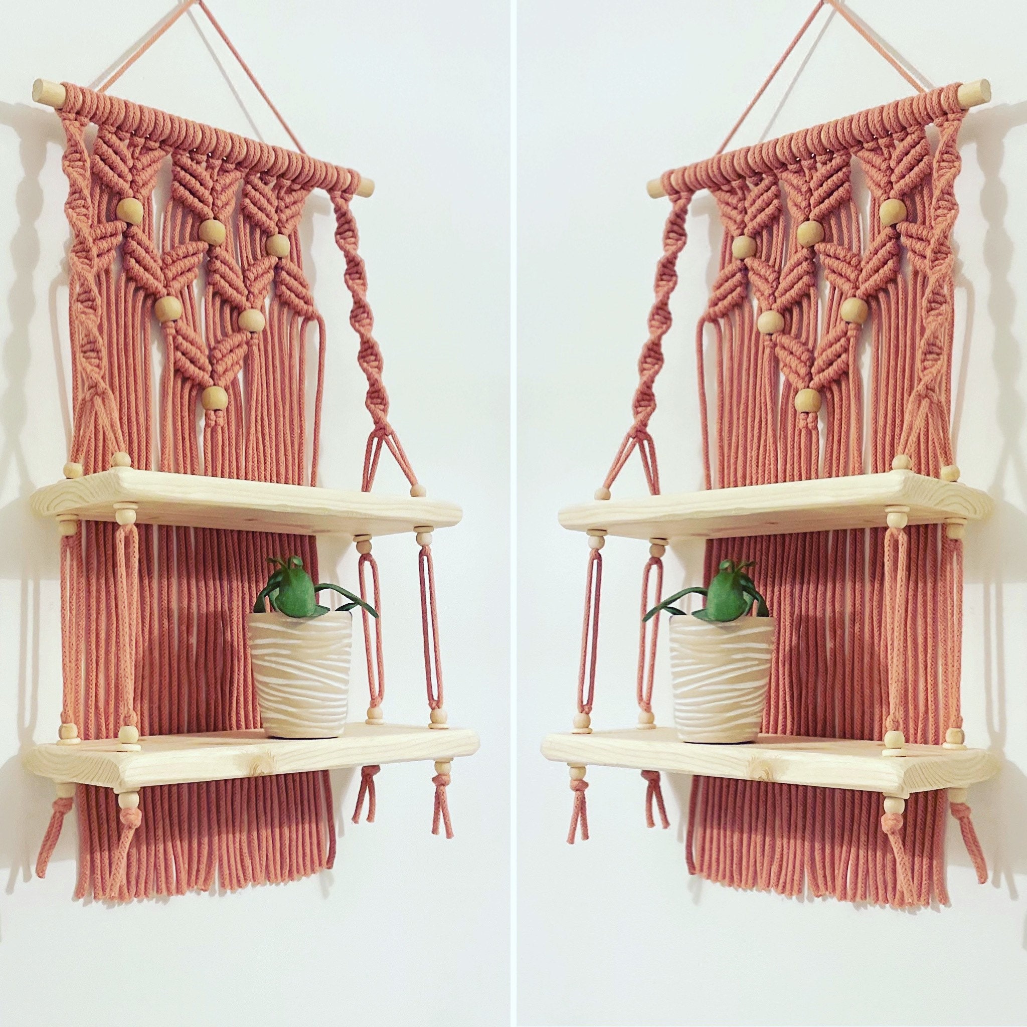 Macrame wall hanging shelf double slim 30x60x10cm Etsy