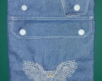 Owl. Embroidered denim catheter bag cover+pocket