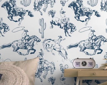 Western wallpaper Cowboy Removable Peel and stick wall paper Blue white Vintage farmhouse horse western decor retro wallpaper