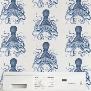 Navy blue Octopus wallpaper | Peel-n-Stick Removable bright vintage nautical coastal underwater ocean giant octopus minimalist wallpaper