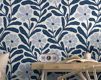 Blue floral Removable wallpaper Peel and Stick flowers wall mural Botanical art modern wallpaper