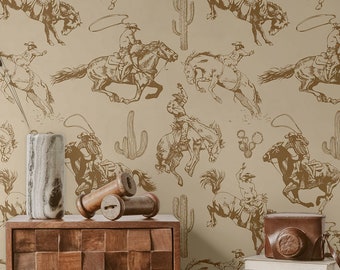 Vintage Western wallpaper Cowboy Removable Peel and stick wall paper farmhouse horse western decor retro wallpaper