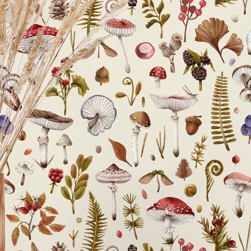 Mushrooms Wallpaper Beige Peel and Stick Botanical Fungi - Etsy