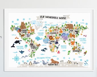 Kids world map poster Animal world map Playroom wall decor Kids room wall map World map nursery Kids map Kid wall art World map poster Baby