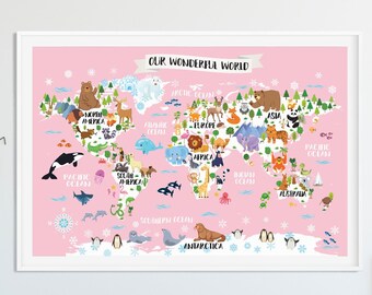 Kids world map poster – Girl nursery decor Playroom wall art Animal world map for children Baby room decor gift