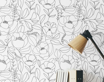 Black White wallpaper Floral Line art Peel and Stick Removable Flowers Outline wallpaper Modern wall decor