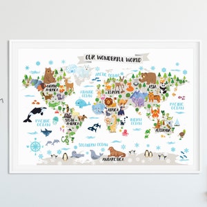 Kids world map poster Animal world map Playroom wall decor Kids room wall map World map nursery Kids map Kid wall art World map poster Baby