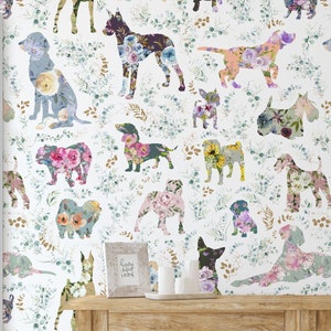 Floral dogs Wallpaper watercolor flowers wall mural nursery kids baby room decor