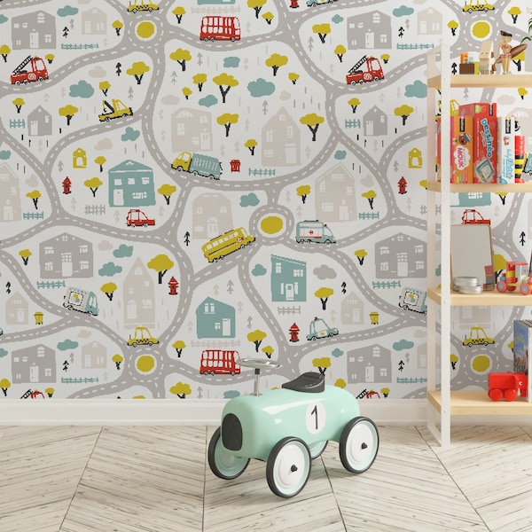 Car Wallpaper for Boys nursery decor Peel-and-Stick Vinyl wall mural Transportation theme Toddler room Cars Roads Baby boy room decor