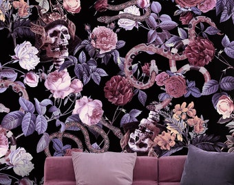 Donker gotisch behang Peel and Stick Schedel en slangen bloemenbehang verwijderbaar Pastel Goth fotobehang Vintage Moody botanisch behang