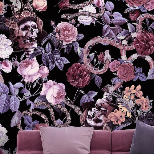 Dark Gothic Wallpaper Peel and Stick Skull and Snakes Floral Etsy