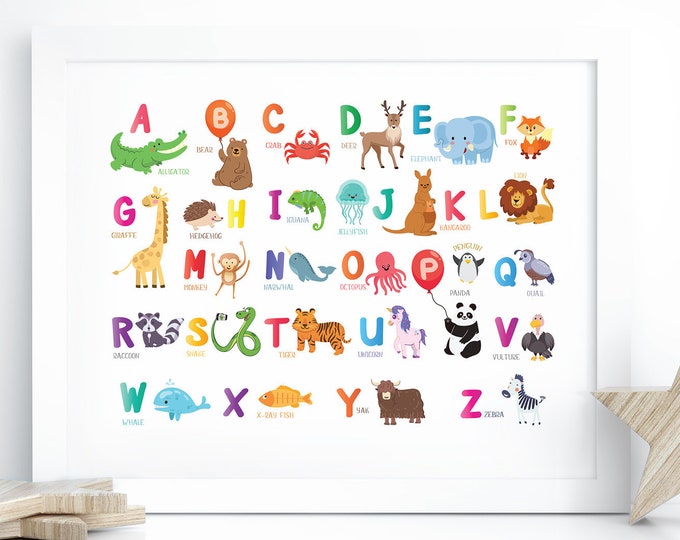 Animal Alphabet Poster for Children's Nursery. ABC Bright Watercolour ...