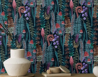 Dark botanical Peel and Stick Wallpaper Floral Removable Watercolor Mushroom Fern plants Wallpaper mural